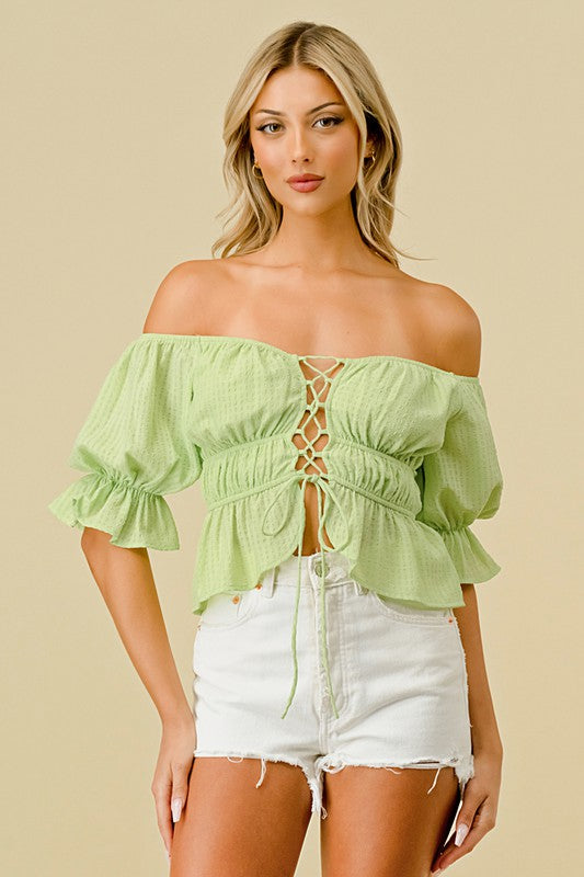 Off Shoulder Bardot Lace Top - Candy Apple