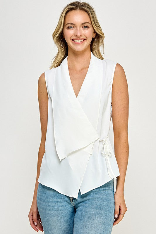 Sleeveless Drape Collar Wrap Blouse - White