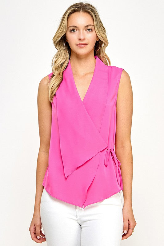 Sleeveless Drape Collar Wrap Blouse - FUCHSIA