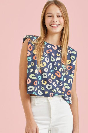 Tween Sleeveless Shoulder Pad Leopard Top - White Multi