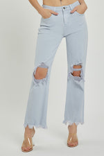 RISEN HIGH RISE DISTRESSED STRAIGHT LEG JEAN - ICE BLUE