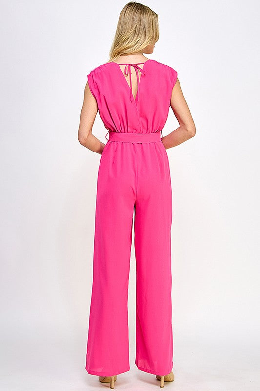 Sleeveless Color Block Belted Jumpsuit - Pink