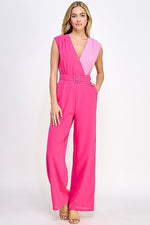 Sleeveless Color Block Belted Jumpsuit - Pink