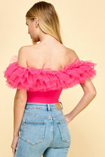 TULLE OFF THE SHOULDER BODYSUIT - FUCHSIA