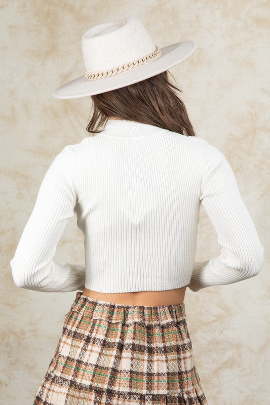 Ribbed Cutout Cropped Sweater Top - Ivory