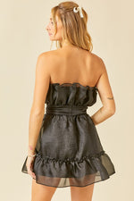 SLEEVELESS RUFFLE TOP SHEER SHIMMER DRESS - BLACK