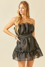 SLEEVELESS RUFFLE TOP SHEER SHIMMER DRESS - BLACK