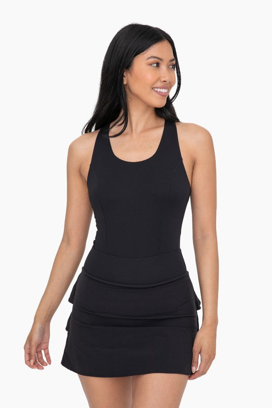 RUFFLE SKIRT KEYHOLE ATHLEISURE DRESS - BLACK