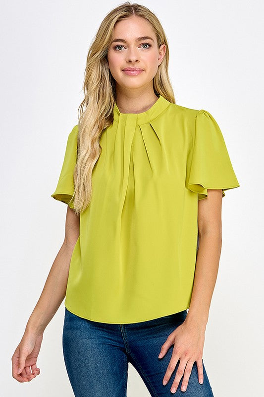 Pleated Neck Flutter Sleeve Top - Citron