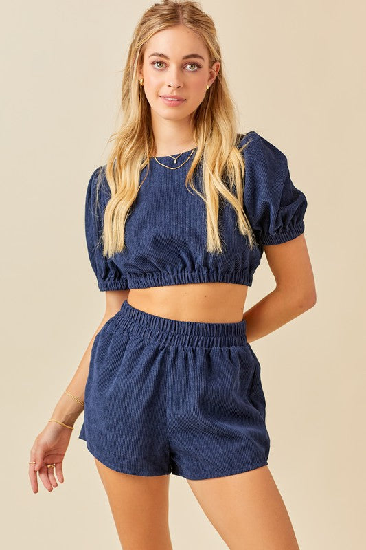 CORDUROY CROPPED TOP AND SHORTS SET - NAVY