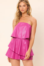 SLEEVELESS TIERED FAUX LEATHER ROMPER - MAGENTA