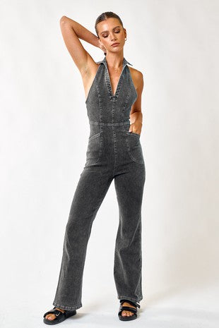 Collared Halter Denim Jumpsuit - Black Denim