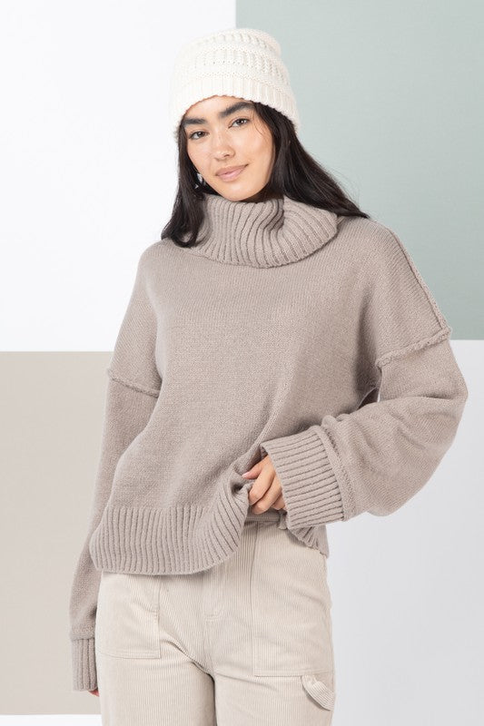 Raw Seam Detail Turtleneck Sweater - Mocha