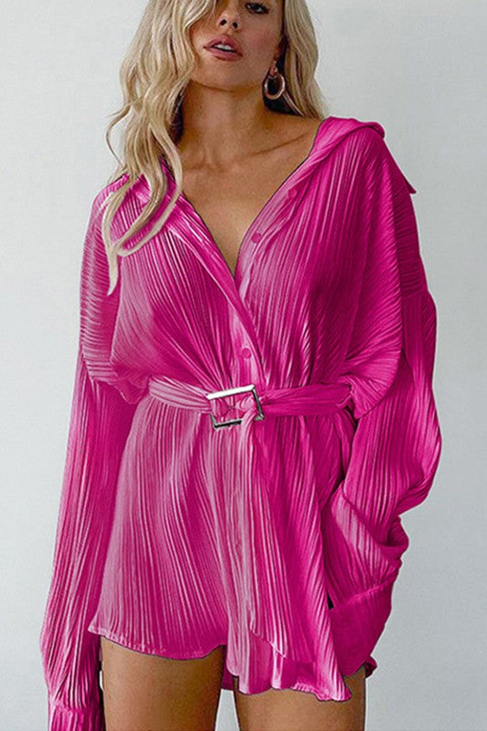 Belted Pleated Shirt Dress - Magenta