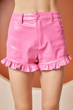 FAUX LEATHER RUFFLE DETAILS SHORTS - BARBIE PINK