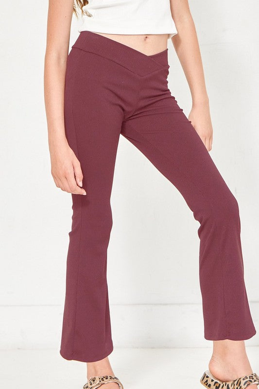 Tween Crossover Ribbed Flare Pant - Maroon