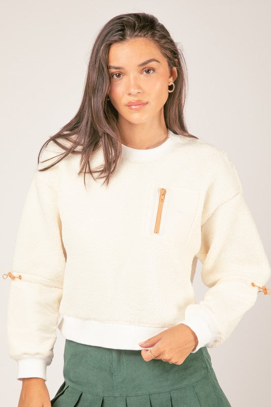 Fleece Nylon Contrast Pullover - Ivory