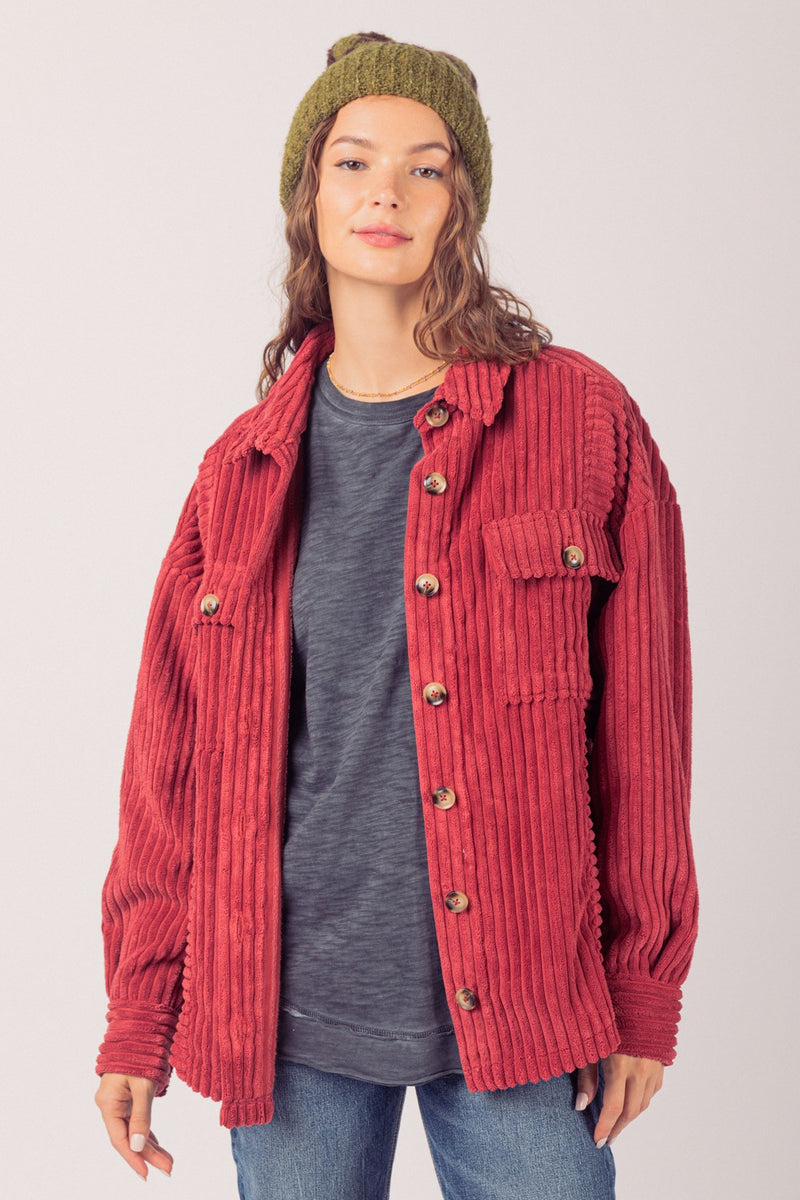 Oversized Corduroy Button Up Shacket - Brick