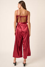 Ruffle Top Wide Leg Satin Jumpsuit - Burgundy