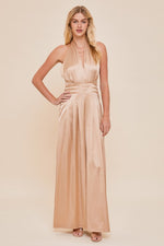 Halter Wide Leg Satin Jumpsuit - Taupe