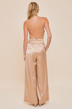 Halter Wide Leg Satin Jumpsuit - Taupe