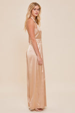 Halter Wide Leg Satin Jumpsuit - Taupe