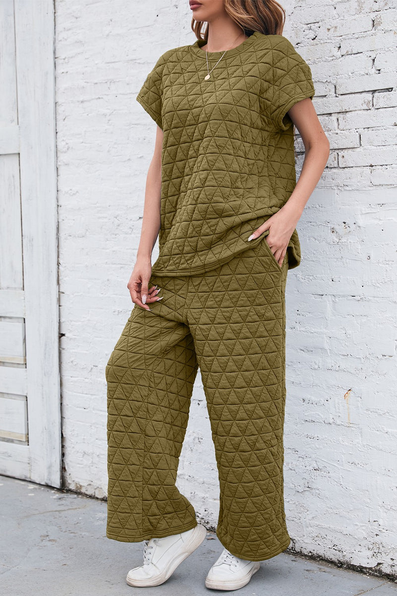 Quilted Wide Leg Pants Set - Army Green