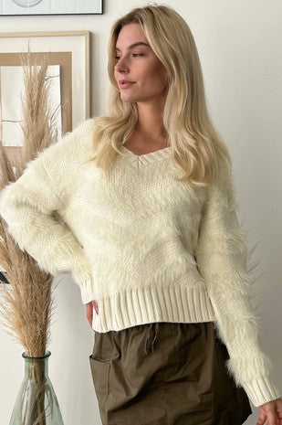 Fuzzy Chevron Pattern Sweater - Ivory