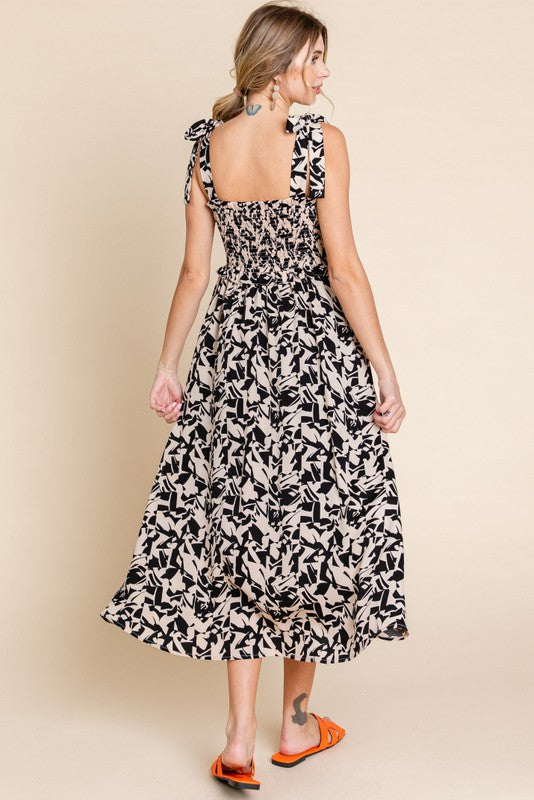 Tie Shoulder Print Midi Dress - Black