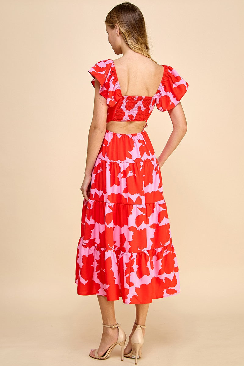 Abstract Printed Midi Dress - Red & Pink