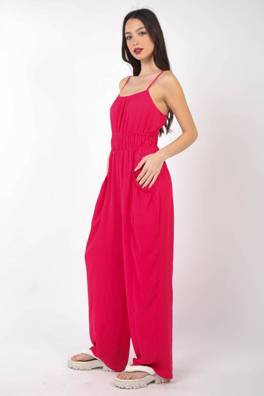 Pintuck Woven Jumpsuit - Hot Pink