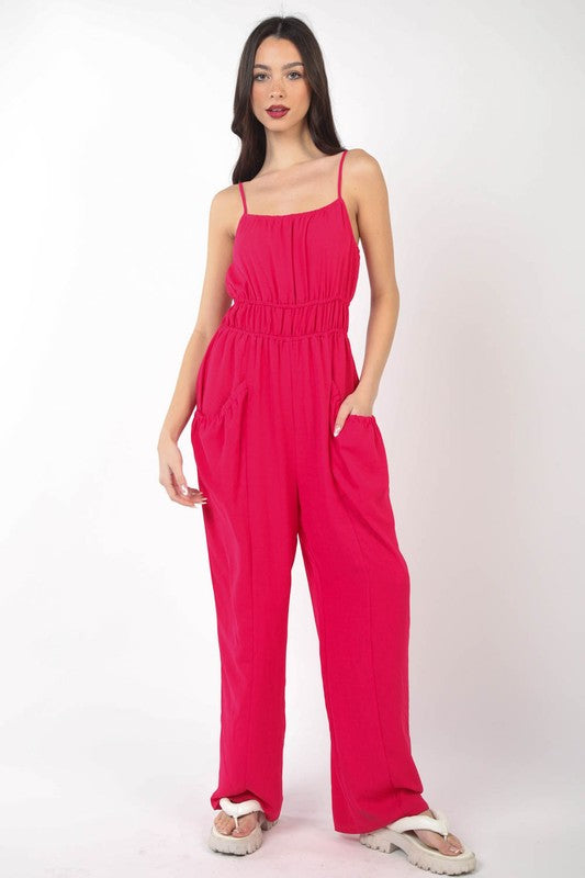 Pintuck Woven Jumpsuit - Hot Pink