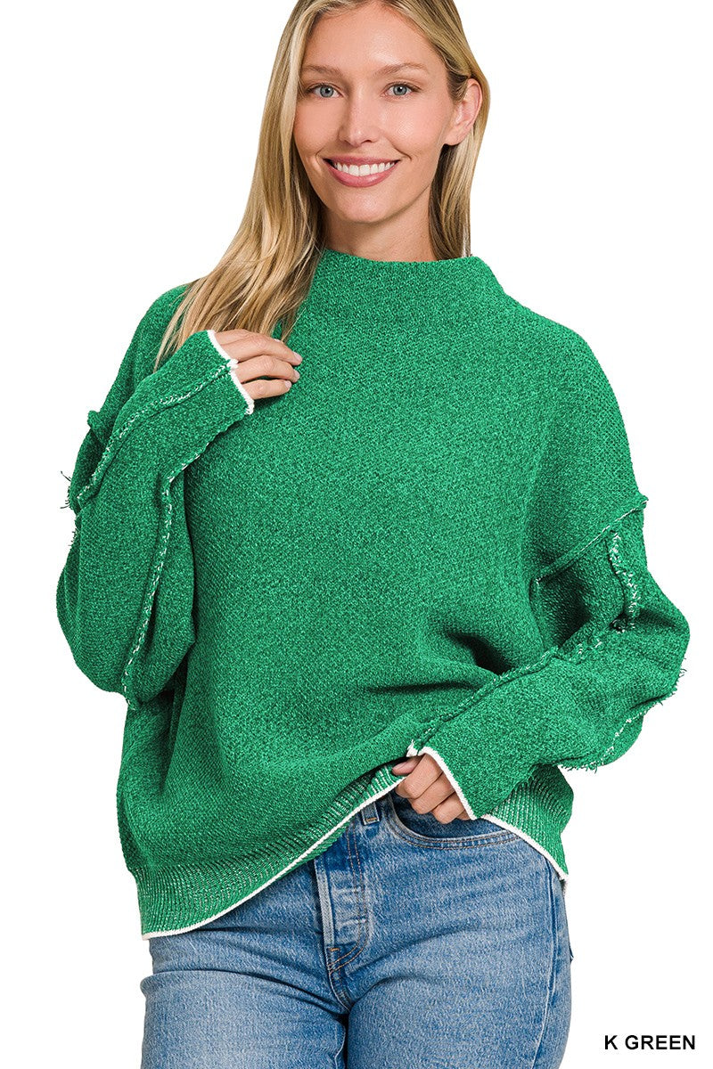 OVERSIZED MOCK NECK RAW SEAM CHENILLE SWEATER - KELLY GREEN