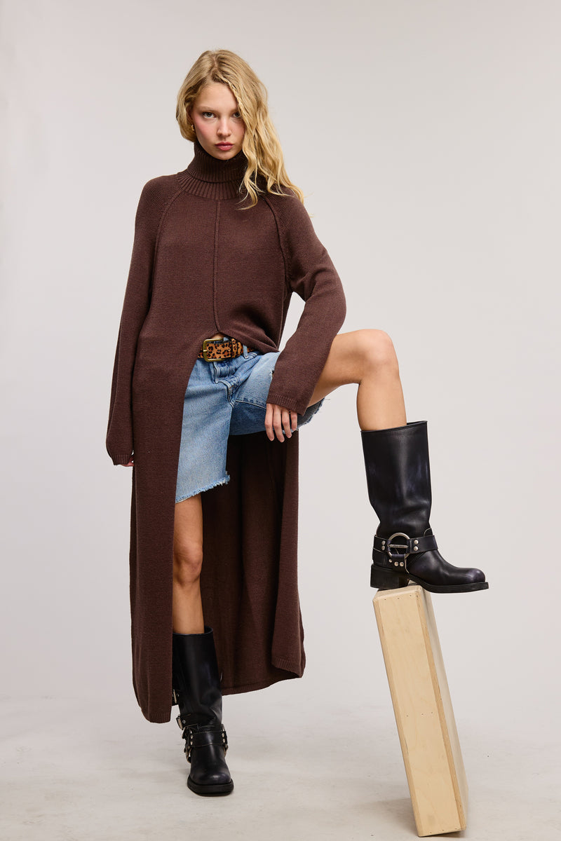 Brown Turtleneck Tunic Sweater Dress W/ Slit