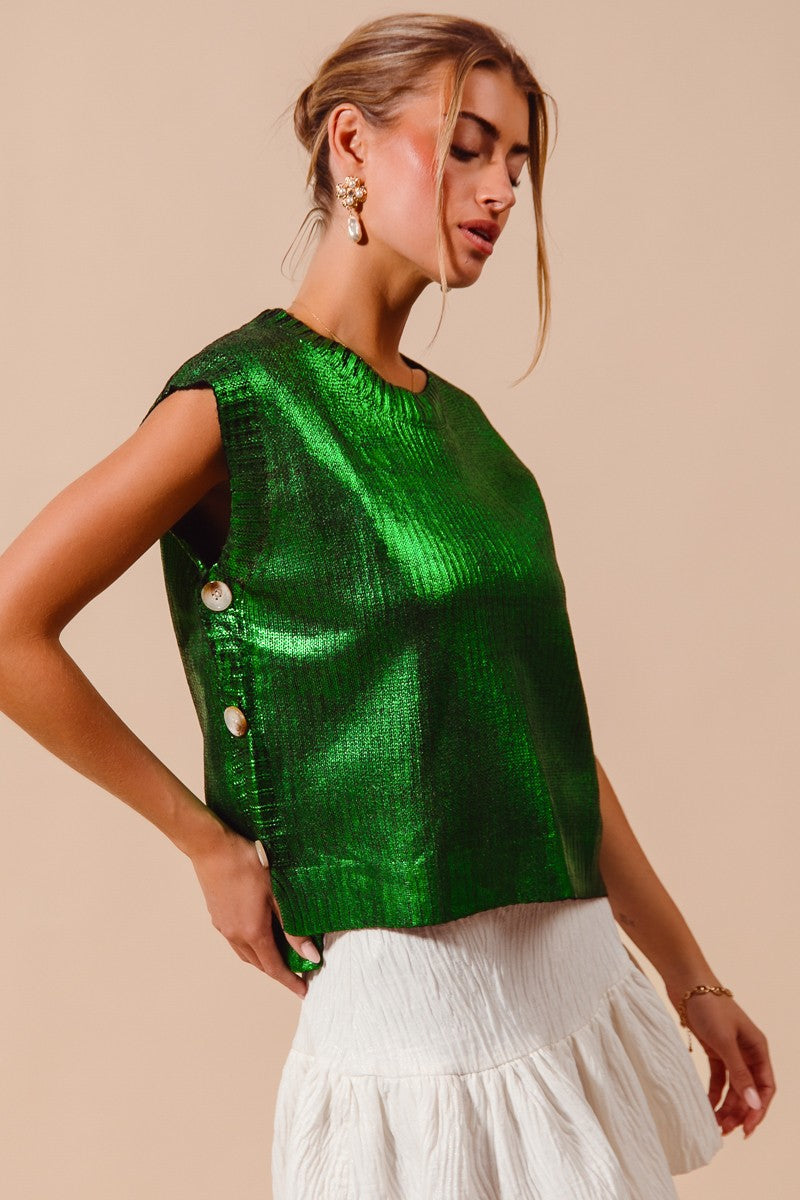 METALLIC FOIL HOLIDAY SWEATER VEST TOP