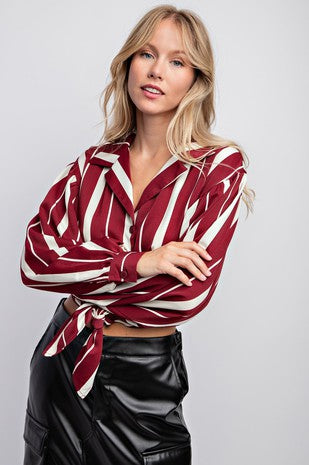 Striped Front Tie Blouse - Maroon