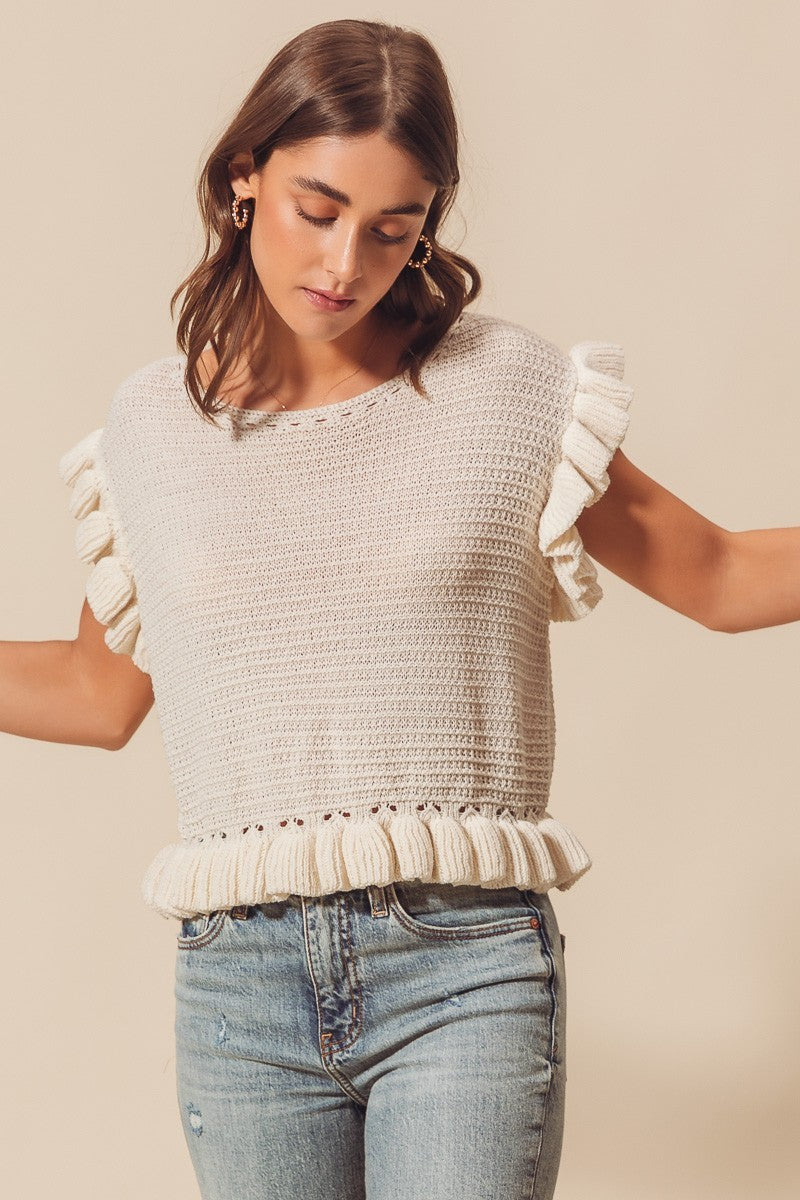 Boatneck Ruffle Sleeve Sweater - Beige