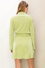 Lettuce Hem Pleated Belted Shirt Dress - Green