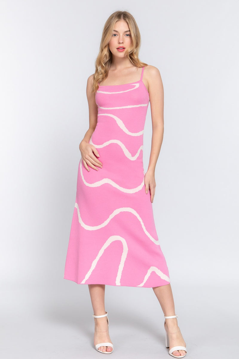 Wave Print Sweater Midi Dress - Pink