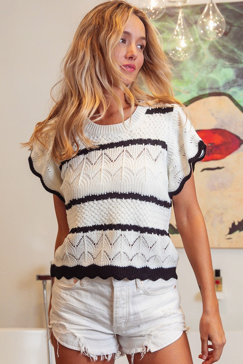 Butterfly Sleeve Striped Sweater - Ivory/Black