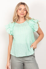 Gingham Ruffle Sleeve Top - Green