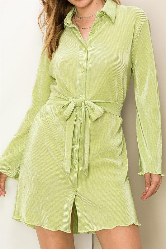 Lettuce Hem Pleated Belted Shirt Dress - Green