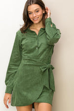 Faux Suede Belted Mini Dress - Green