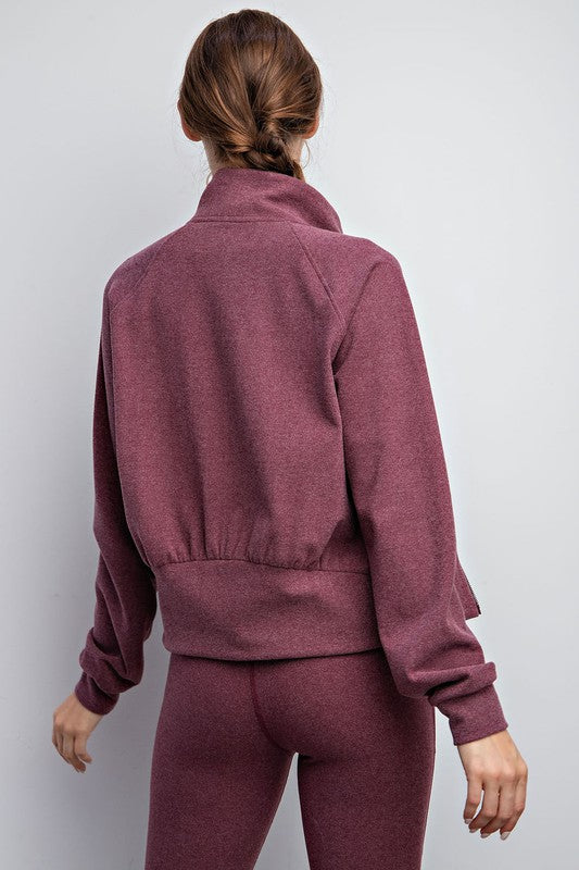 Ribbed Brushed Athleisure Crop Jacket - Maroon