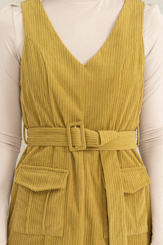Corduroy Belted Mini Dress -  Sage