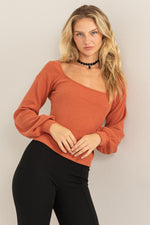 Square Neck Balloon Sleeve Ribbed Top - Baked Clay