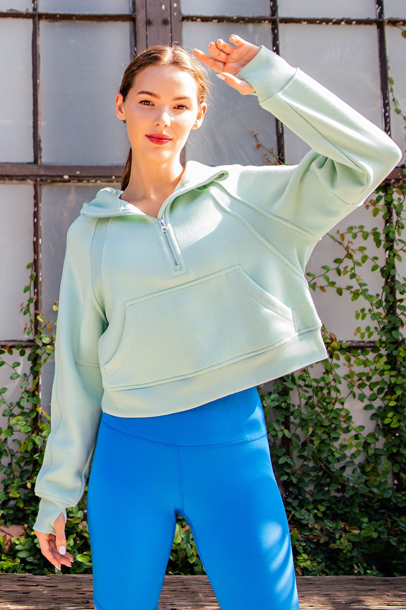 French Terry Cropped Quarter Zip Hoodie - Mint Green