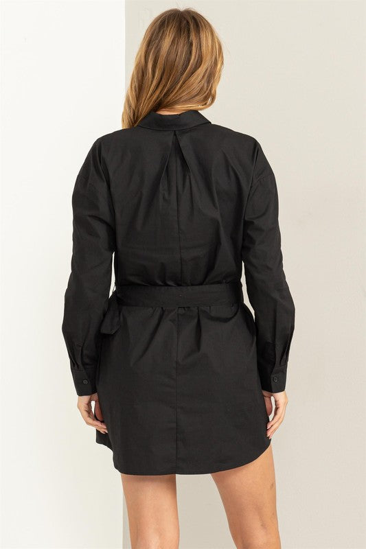 Buckle Belted Shirt Dress - Black