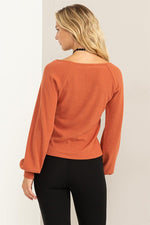 Square Neck Balloon Sleeve Ribbed Top - Baked Clay