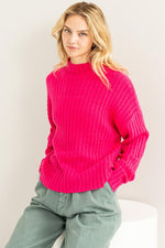 Ribbed Mock Neck Sweater - Fuchsia